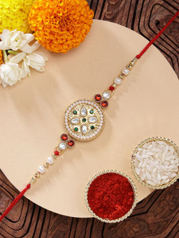 Karatcart - Multi-Color Floral Stone Studded Kundan Rakhi with Roli Chawal