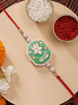 Karatcart - Vibrant Light Green Meenakari Lotus Kundan Rakhi with Roli Chawal