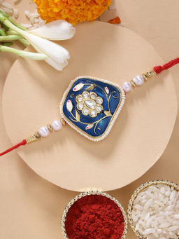 Karatcart - Special Blue Meenakari Floral Kundan Rakhi with Roli Chawal