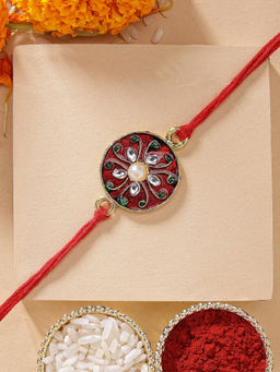 Karatcart - Classic Red Meenakari Floral Kundan Rakhi with Roli Chawal
