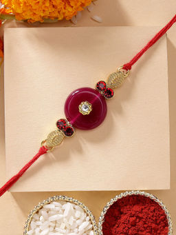 Karatcart - Beautiful Red Stone and Crystal Handmade Kundan Rakhi with Roli Chawal