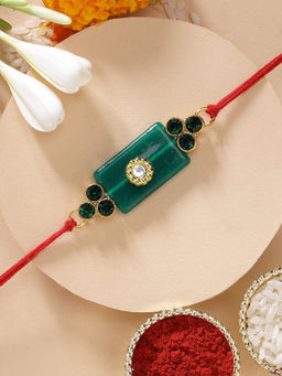 Karatcart - Beautiful Green Stone and Crystal Handmade Kundan Rakhi with Roli Chawal