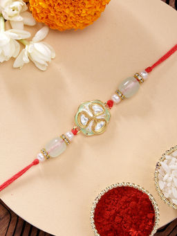 Karatcart - Stylish Lime Green Meenakari Floral Kundan Rakhi with Roli & Chawal