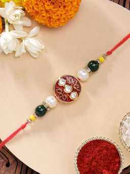 Karatcart - Vibrant Red Meenakari Floral Kundan Rakhi with Roli & Chawal