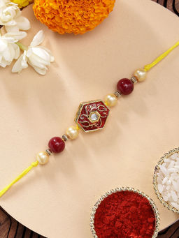 Karatcart - Vibrant Red Meenakari Handmade Polki Kundan Rakhi with Roli & Chawal