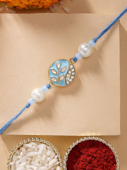 Karatcart - Light Blue Meena Leaf Design Handmade Kundan Rakhi with Roli & Chawal