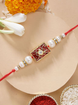 Karatcart - Classic Red Meena Light Weight Handmade Kundan Rakhi with Roli & Chawal