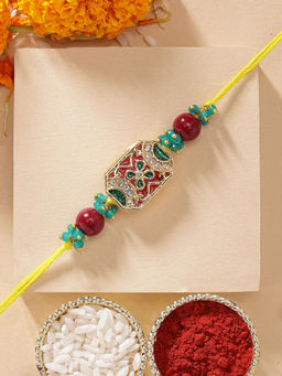 Karatcart - Multi-Color Meena Crystal Studded Kundan Rakhi with Roli & Chawal