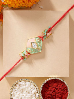 Karatcart - Multi-Color Meena Handmade Kundan Rakhi with Roli & Chawal