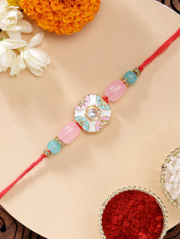 Karatcart - Beautiful Multi-Color Meena Handmade Kundan Rakhi with Roli & Chawal