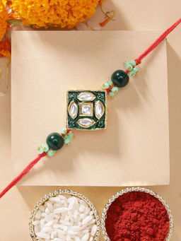 Karatcart - Green Meena Floral Kundan Rakhi with Roli & Chawal