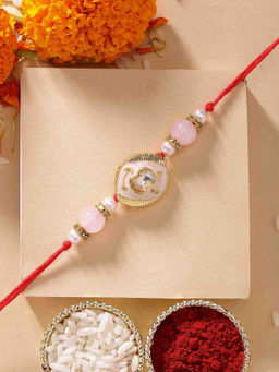Karatcart - Beautiful Pink Meena Oval Shape Handmade Kundan Rakhi with Roli & Chawal