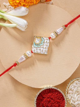 Karatcart - Sea Shell White Meenakari Handmade Kundan Rakhi with Roli & Chawal