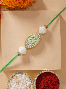 Karatcart - Beautiful Lime Green Floral Meenakari Kundan Rakhi with Roli & Chawal