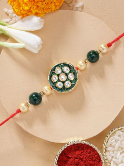 Karatcart - Elegant Green Meena Floral Kundan Rakhi with Roli & Chawal