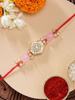 Karatcart - Elegant Pink Beads Floral Meenakari Kundan Rakhi with Roli & Chawal