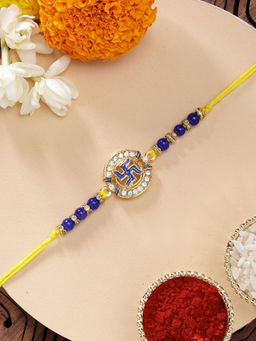 Karatcart - Blue Meenakari Swastika Kundan Rakhi with Roli & Chawal