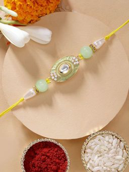 Karatcart - Lime Green Meenakari Polki Kundan Rakhi with Roli Chawal