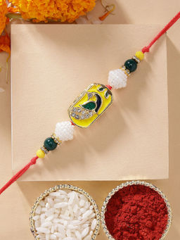 Karatcart - Elegant Peacock Yellow Meenakari Kundan Rakhi with Roli Chawal
