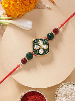 Karatcart - Traditional Green Meena Floral Design Kundan Rakhi with Roli & Chawal