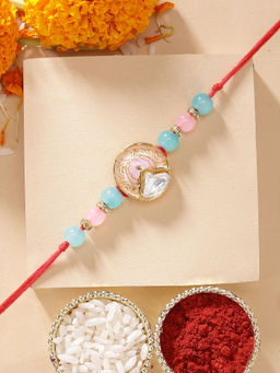 Karatcart - Multi-Color Sea Shell Meenakari Kundan Rakhi with Roli & Chawal