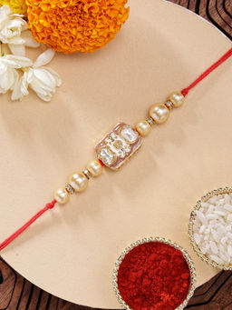 Karatcart - Multi-Color Vibrant Meena Golden Pearl Kundan Rakhi with Roli & Chawal