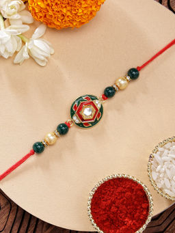 Karatcart - Vibrant Green Meena Handmade Polki Kundan Rakhi with Roli & Chawal