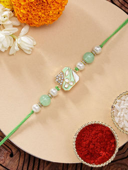 Karatcart - Vibrant Light Green Meena Leaf Design Kundan Rakhi with Roli & Chawal