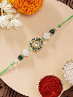 Karatcart - Vibrant Green Meena Hexagon Shape Kundan Rakhi with Roli & Chawal