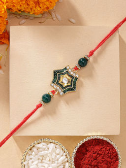 Karatcart - Vibrant Green Meena Handmade Star Shape Kundan Rakhi with Roli & Chawal