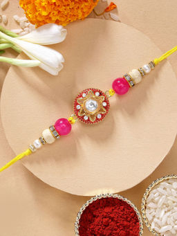 Karatcart - Beautiful Floral Pink Meena Kundan Rakhi with Roli & Chawal