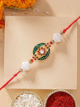 Karatcart - Elegant Floral Multi-Color Meena Kundan Rakhi with Roli Chawal