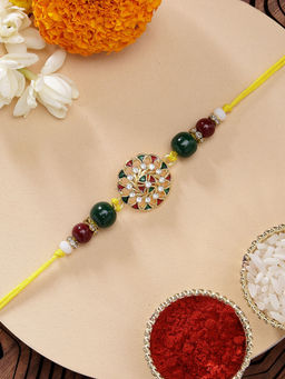 Karatcart - Floral Multi-Color Meena Kundan Rakhi with Roli Chawal
