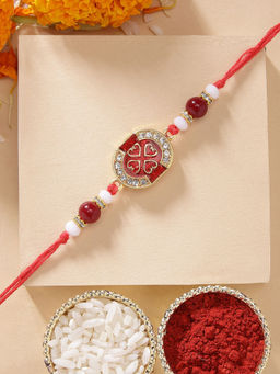 Karatcart - Elegant Red Meena and Crystal Handmade Kundan Rakhi with Roli Chawal