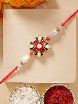 Karatcart - Elegant Floral Multi-Color Meena Kundan Rakhi with Roli Chawal