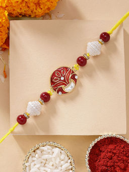 Karatcart - Elegant Flower Pot Red Meena Kundan Rakhi with Roli Chawal