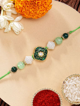 Karatcart - Beautiful Green Meena Floral Kundan Rakhi with Roli & Chawal