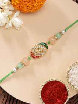 Karatcart - Multi-Color Beautiful Crystal Studded Meenakari Kundan Rakhi with Roli & Chawal