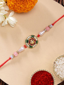 Karatcart - Stylish Floral Multi-Color Meena Kundan Rakhi with Roli Chawal