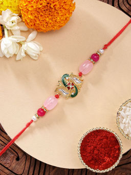 Karatcart - Stylish Swastika Multi-Color Meena & Kundan Rakhi with Roli Chawal