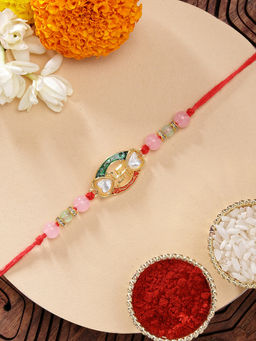 Karatcart - Multi-Color Swastika & Heart Kundan Rakhi with Roli & Chawal