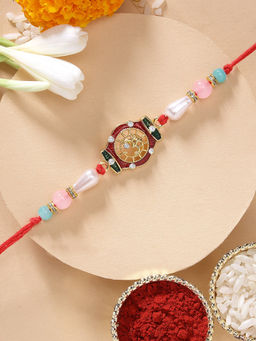 Karatcart - Multi-Color OM Shape Meenakari Kundan Rakhi with Roli Chawal
