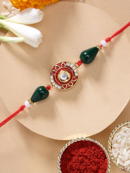 Karatcart - Elegant Red Floral Meena and Polki Kundan Handmade Rakhi with Roli Chawal