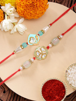 Karatcart - Multi-Color Handmade Kundan Rakhis with Roli & Chawal (Pack of 2)