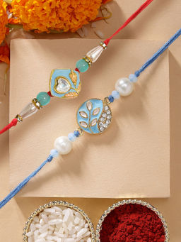 Karatcart - Multi-Color Meena Floral Kundan Rakhis with Roli & Chawal (Pack of 2)