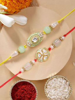 Karatcart - Multi-Color Meena Floral Kundan Rakhis with Roli & Chawal (Pack of 2)