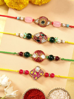 Karatcart - Multi-Color Meenakari Kundan Rakhis with Roli & Chawal (Pack of 4)
