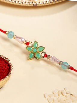 Karatcart - Multi-Color Gold Plated Floral Kundan Bhaiya Rakhi with Roli & Chawal
