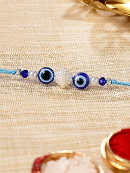 Karatcart - Gold Plated Blue Evil Eye Bhaiya Kundan Rakhi with Roli & Chawal