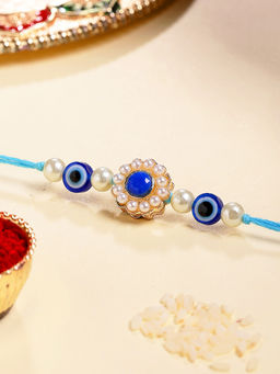 Karatcart - Gold Plated Blue Evil Eye Kundan Bhaiya Rakhi with Roli & Chawal